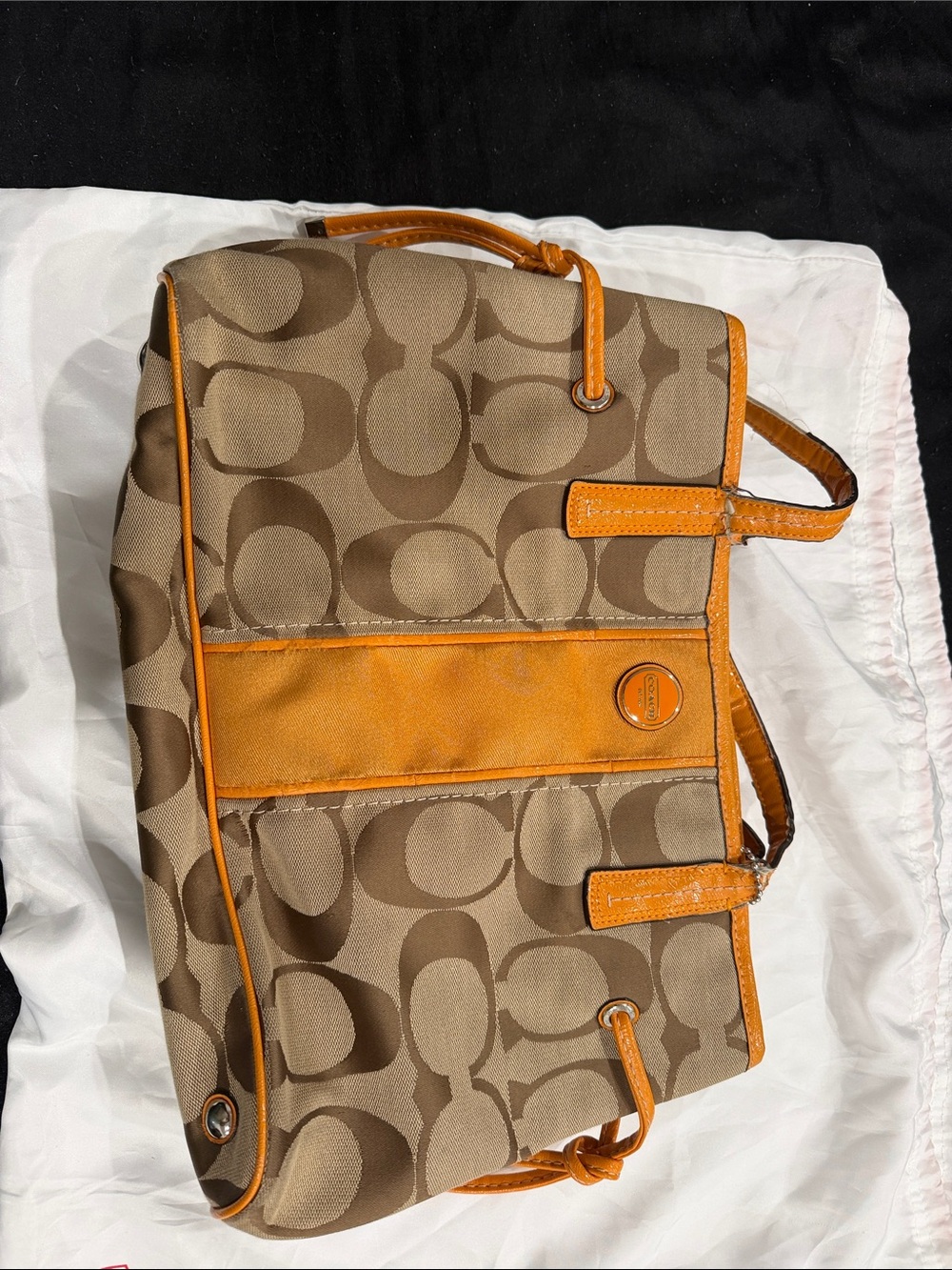Coach Khaki Signature Canvas Shoulder Bag with Orange Trim